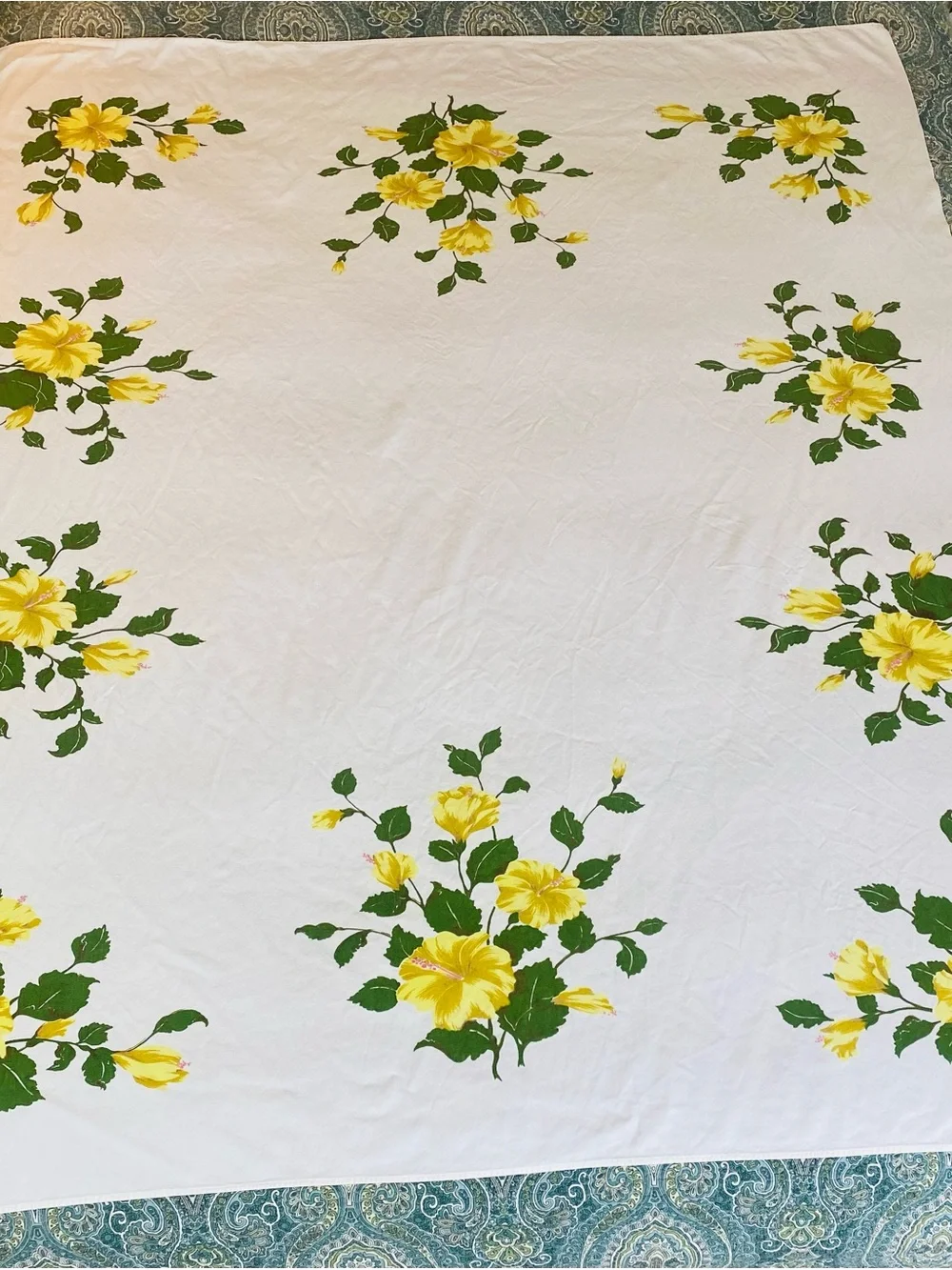 Vintage 50s California Hand Prints Tablecloth yellow hibiscus floral